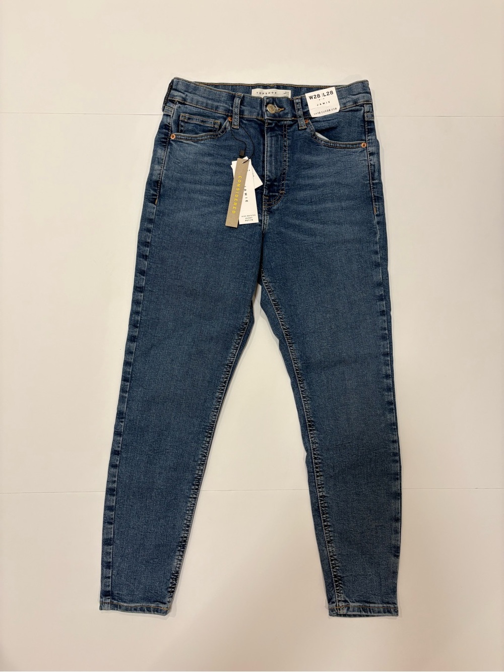 TopShop Jamie High Waisted Skinny Jeans in Medium Blue Denim Petite W28